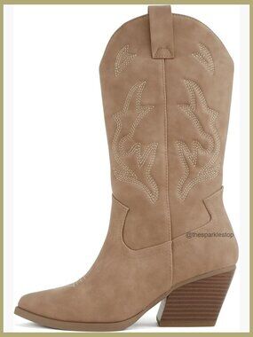 Women Western Cowboy Stitched Pointe Toe Heel Ankle Mid Shaft Fashion Boots